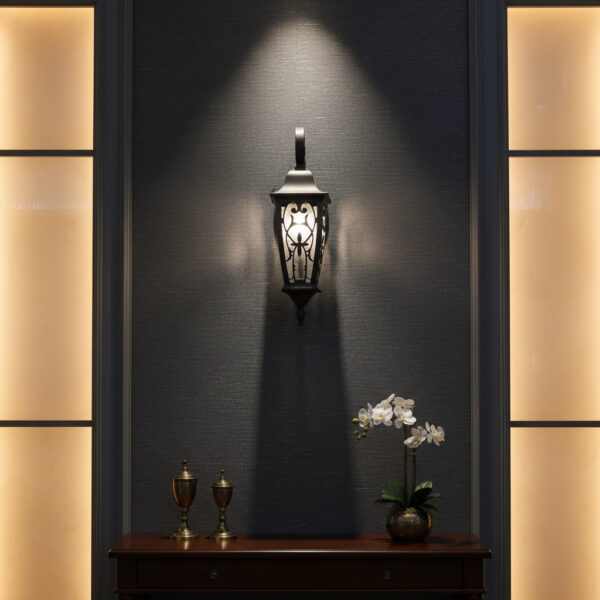 Marseille Scroll Wall Lantern – Black Cast Iron & Frosted Glass