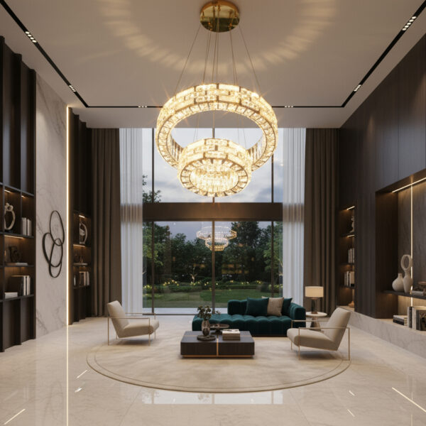 Solara Halo Chandelier – Radiant Rings in Gold and Crystal