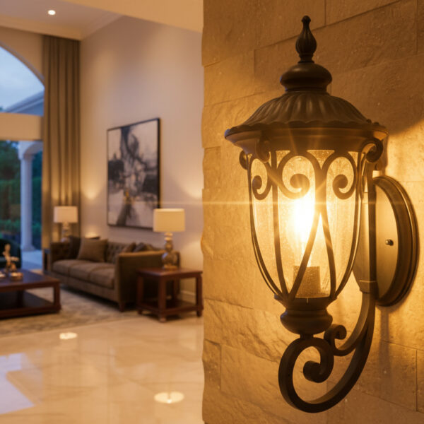 Scrollwork Elegance Outdoor Wall Lantern – Black Iron Finish