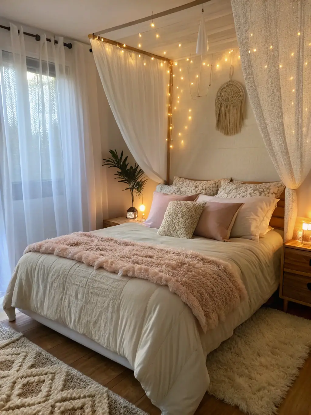 A cozy bedroom with soft, warm light from bedside table lamps, creating a relaxing atmosphere.