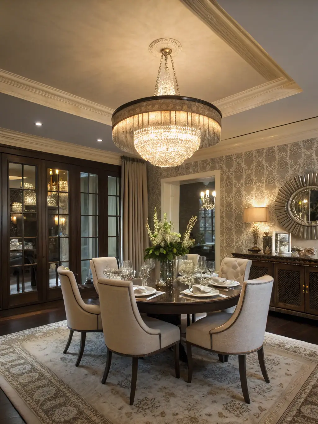A dining room illuminated by a grand chandelier, creating a focal point and adding a touch of elegance.