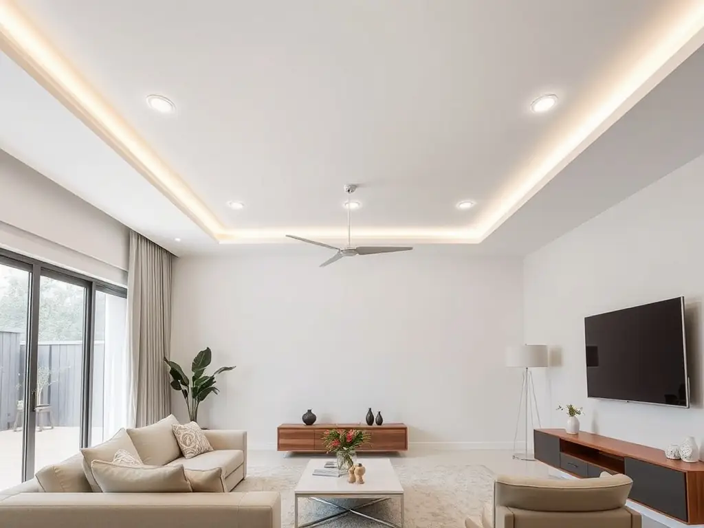 A modern living room with recessed lighting being installed, highlighting the clean and seamless integration of the lighting into the ceiling.