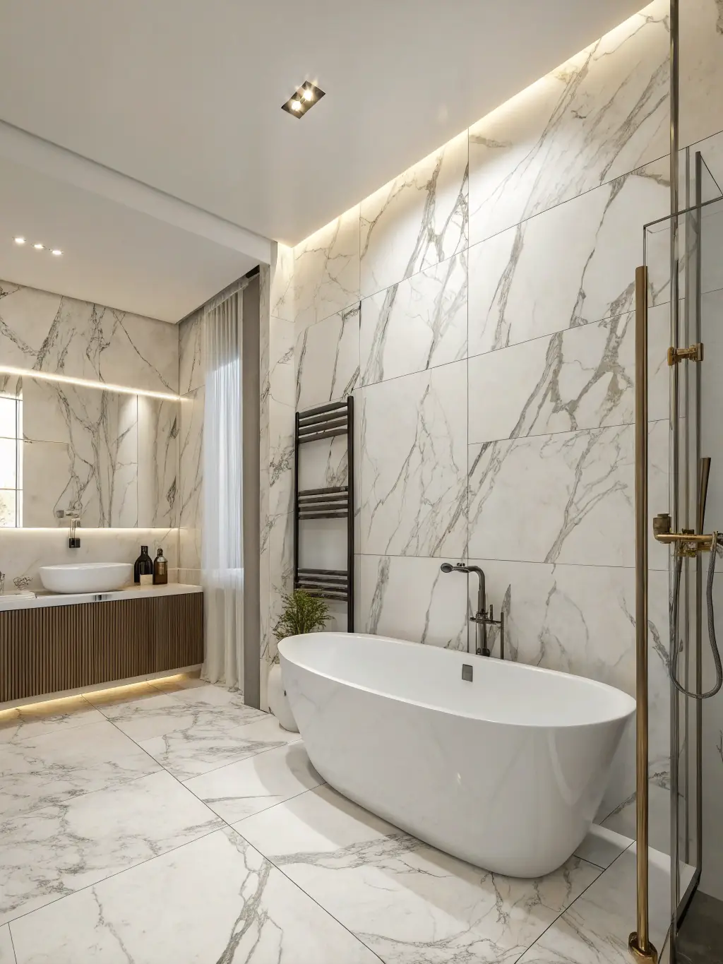 A modern bathroom featuring stylish vanity lighting, providing ample illumination for grooming and makeup application.