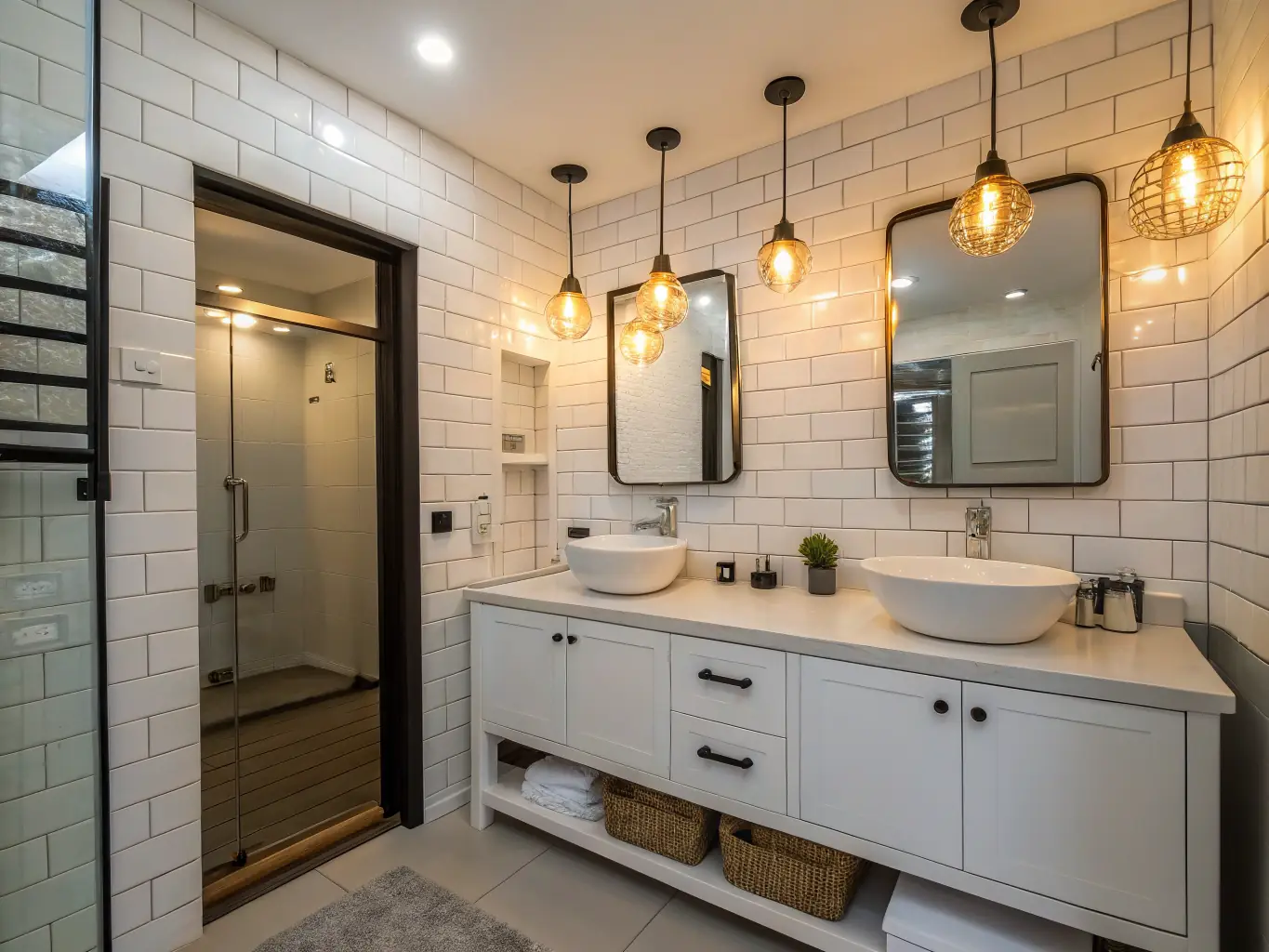 A well-lit bathroom featuring vanity lights being installed by a professional, emphasizing the attention to detail and precision.
