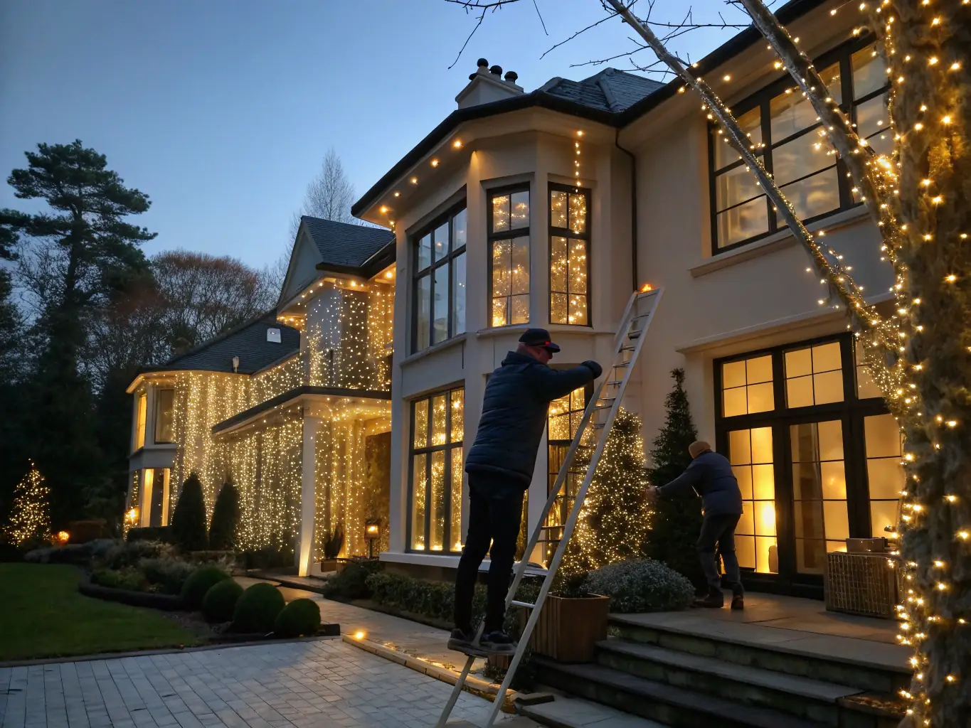 A high-angle shot of a modern chandelier being carefully installed in a luxurious dining room, showcasing the precision and care taken by the installers.