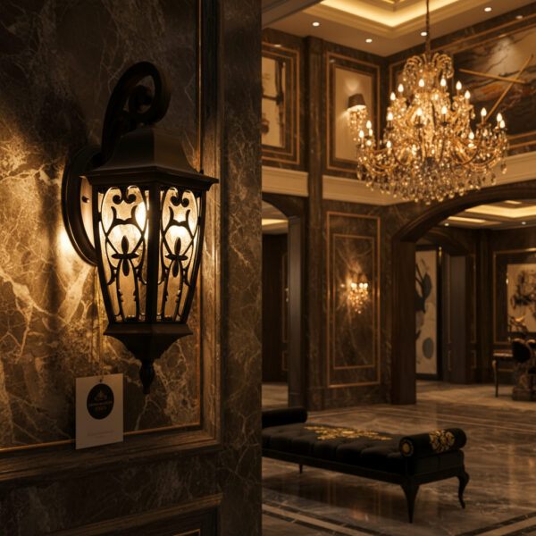 Ornate Twin Lantern Street Lamp – Antique Iron with Amber Glow