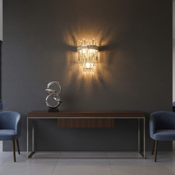 Crystal Radiance Wall Display with Sculptural Console & Velvet Seating