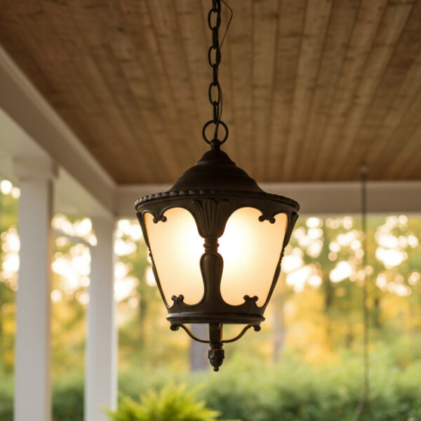 Baron’s Flame Twin Lantern Street Lamp – Sculpted Iron & Amber Frost