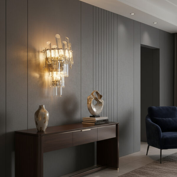 Midnight Panel Ensemble with Crystal Sconce & Sculptural Console